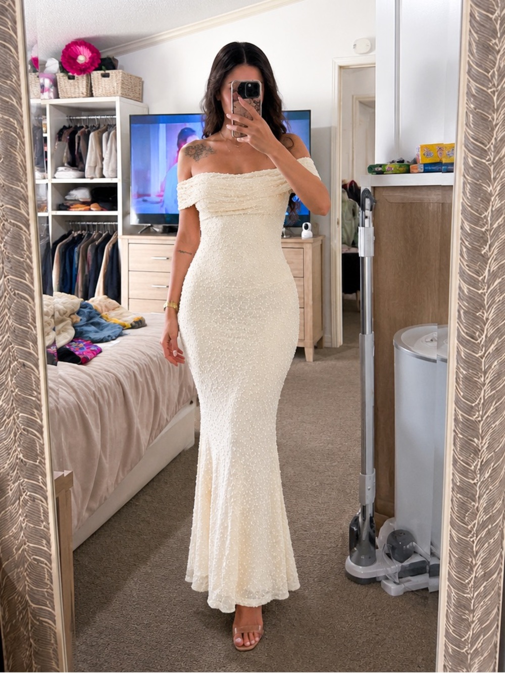 Ivory Beaded Off-Shoulder Mermaid Gown